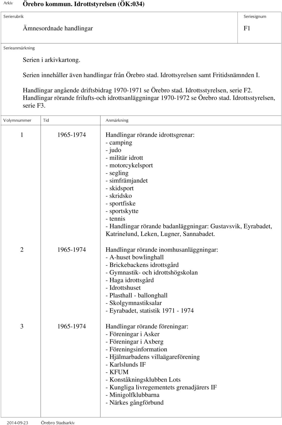 1 1965-1974 Handlingar rörande idrottsgrenar: - camping - judo - militär idrott - motorcykelsport - segling - simfrämjandet - skidsport - skridsko - sportfiske - sportskytte - tennis - Handlingar