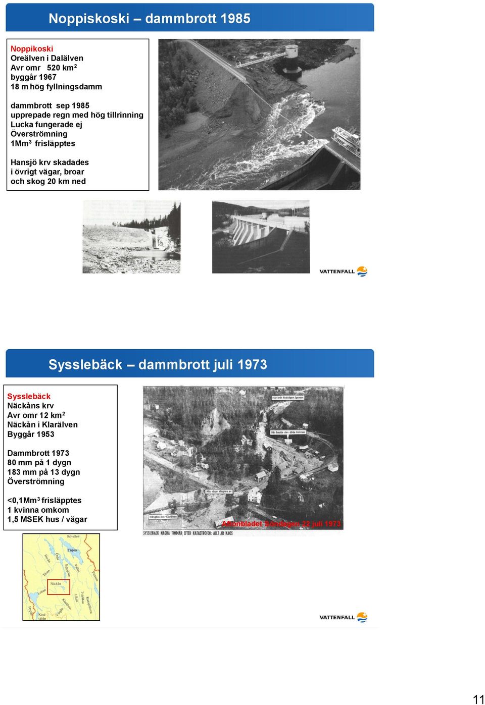 skog 20 km ned Sysslebäck dammbrott juli 1973 Sysslebäck Näckåns krv Avr omr 12 km 2 Näckån i Klarälven Byggår 1953 Dammbrott 1973 80