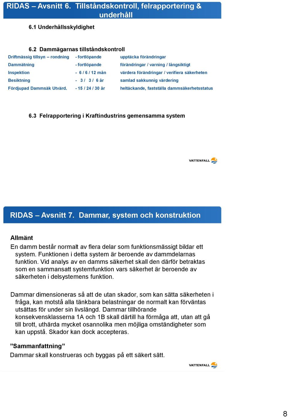 förändringar / verifiera säkerheten Besiktning - 3 / 3 / 6 år samlad sakkunnig värdering Fördjupad Dammsäk Utvärd. - 15 / 24 / 30 år heltäckande, fastställa dammsäkerhetsstatus 6.