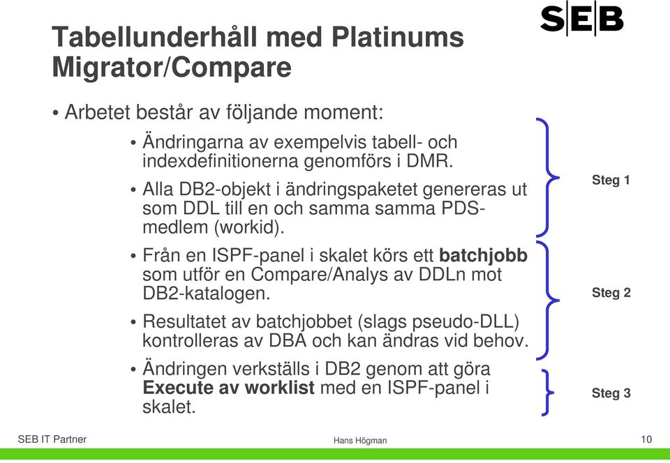 Från en ISPF-panel i skalet körs ett batchjobb som utför en Compare/Analys av DDLn mot DB2-katalogen.