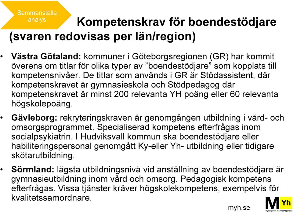 De titlar som används i GR är Stödassistent, där kompetenskravet är gymnasieskola och Stödpedagog där kompetenskravet är minst 200 relevanta YH poäng eller 60 relevanta högskolepoäng.