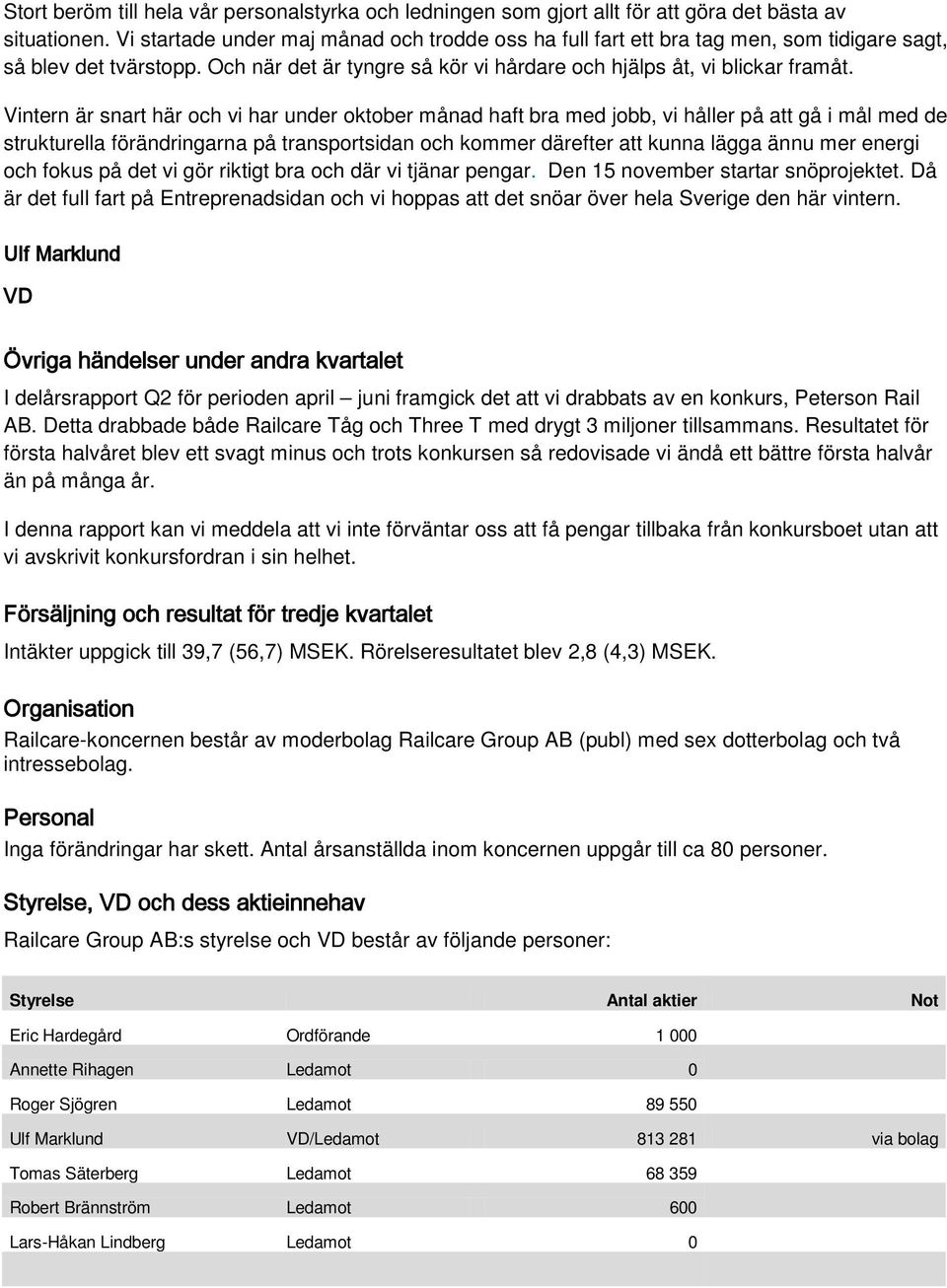 Vintern är snart här och vi har under oktober månad haft bra med jobb, vi håller på att gå i mål med de strukturella förändringarna på transportsidan och kommer därefter att kunna lägga ännu mer