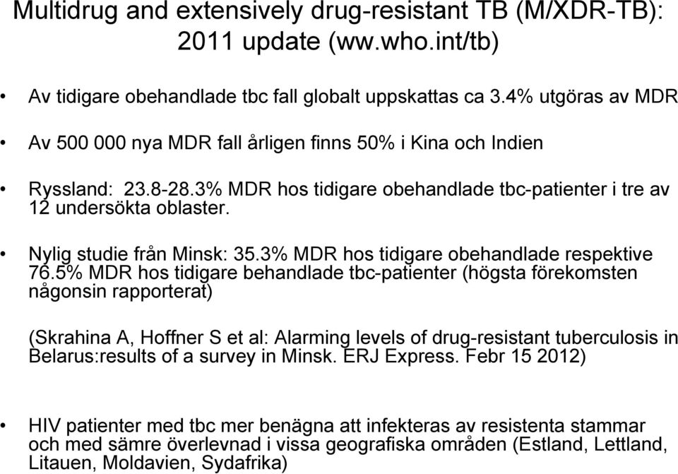 Nylig studie från Minsk: 35.3% MDR hos tidigare obehandlade respektive 76.