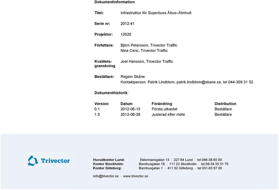 se, tel 044-309 31 52 Dokumenthistorik: Version Datum Förändring Distribution 0.1 2012-06-15 Första utkastet Beställare 1.