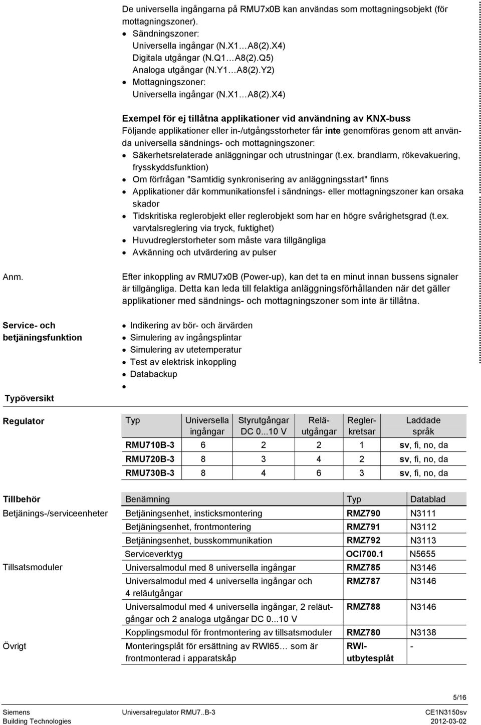 X4) Exempel för ej tillåtna applikationer vid användning av KNX-buss Följande applikationer eller in-/utgångsstorheter får inte genomföras genom att använda universella sändnings- och