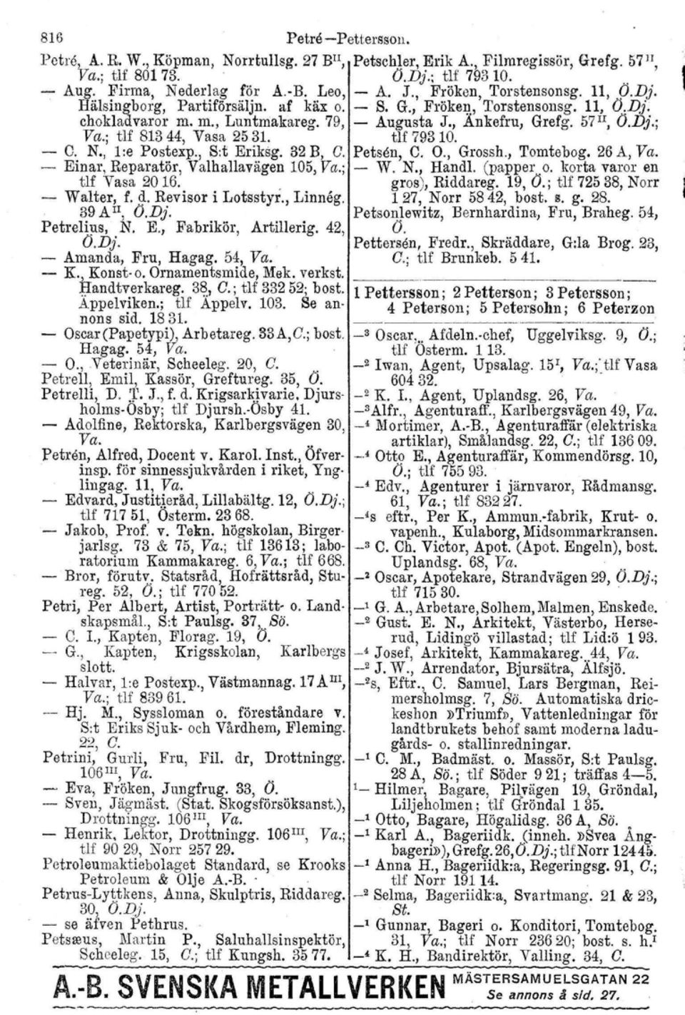 tlf 79310. - O. N., l:e Postexp., S:t Eriksg. 32 B, G. Petsen, O. O., Grossh., Tomtebog. 26 A, Va. - Einar, Reparatör, Valhallavägen 105, Va.; - W. N., Handl. (papper.0. korta varor en tlf Vasa 2016.