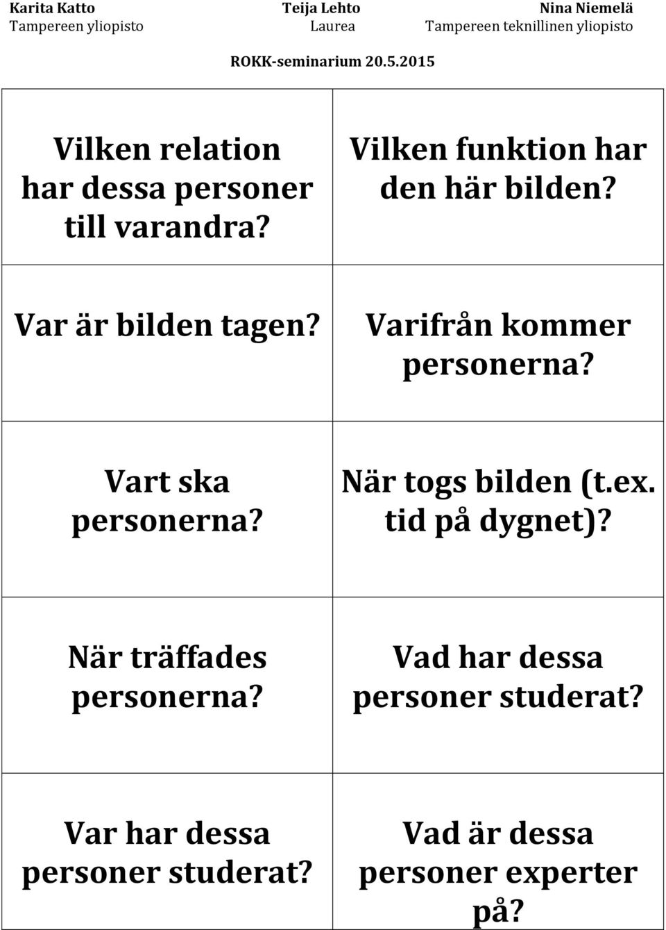 Varifrån kommer personerna? Vart ska personerna? När togs bilden (t.ex.