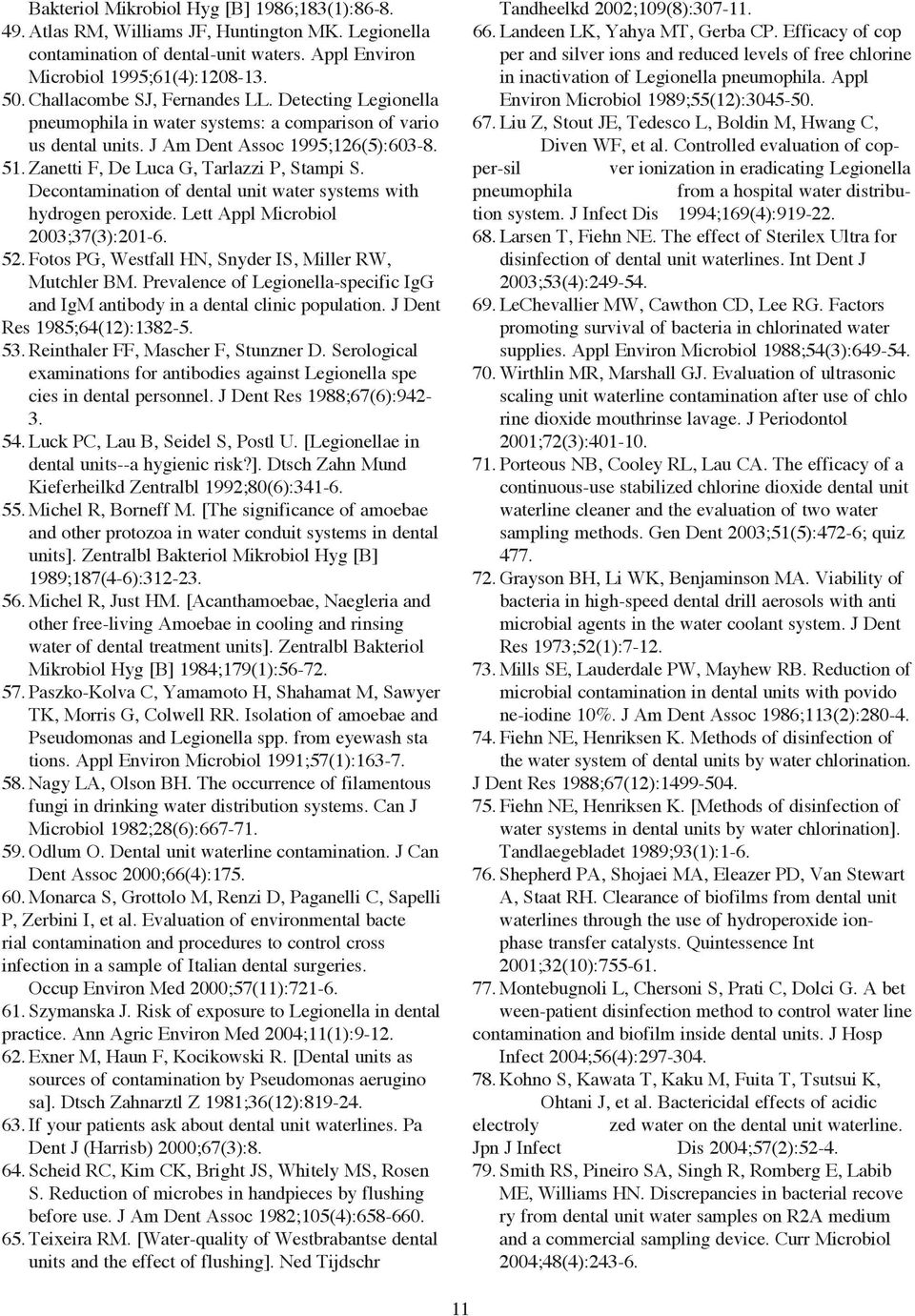 Zanetti F, De Luca G, Tarlazzi P, Stampi S. Decontamination of dental unit water systems with hydrogen peroxide. Lett Appl Microbiol 2003;37(3):201-6. 52.