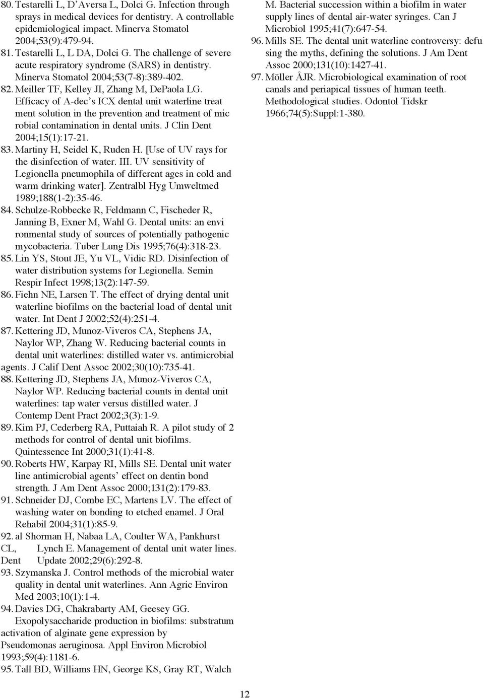 Efficacy of A-dec s ICX dental unit waterline treat ment solution in the prevention and treatment of mic robial contamination in dental units. J Clin Dent 2004;15(1):17-21. 83.