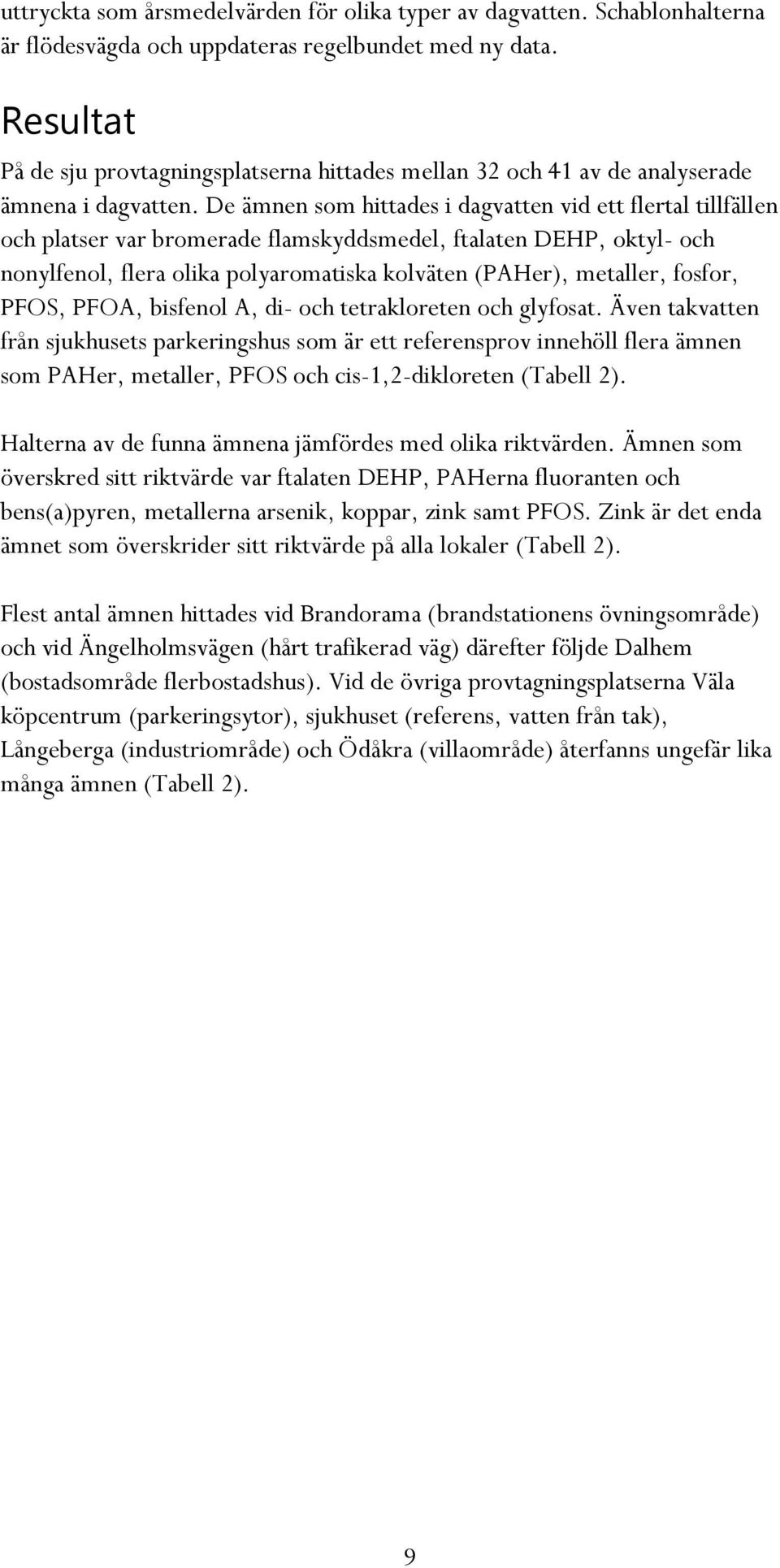 De ämnen som hittades i dagvatten vid ett flertal tillfällen och platser var bromerade flamskyddsmedel, ftalaten DEHP, oktyl- och nonylfenol, flera olika polyaromatiska kolväten (PAHer), metaller,