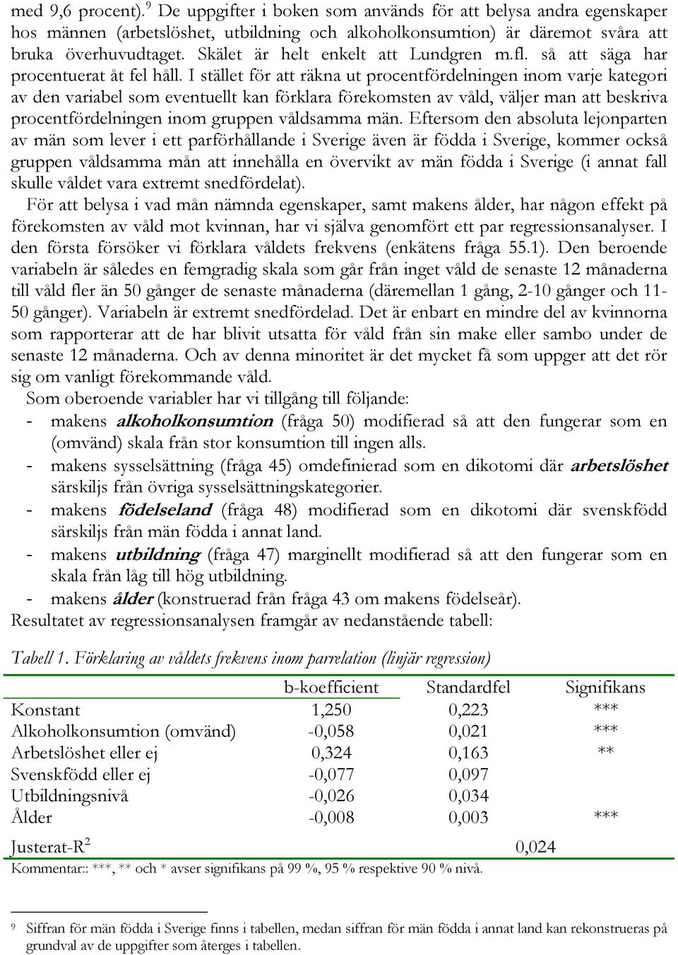 I stället för att räkna ut procentfördelningen inom varje kategori av den variabel som eventuellt kan förklara förekomsten av våld, väljer man att beskriva procentfördelningen inom gruppen våldsamma