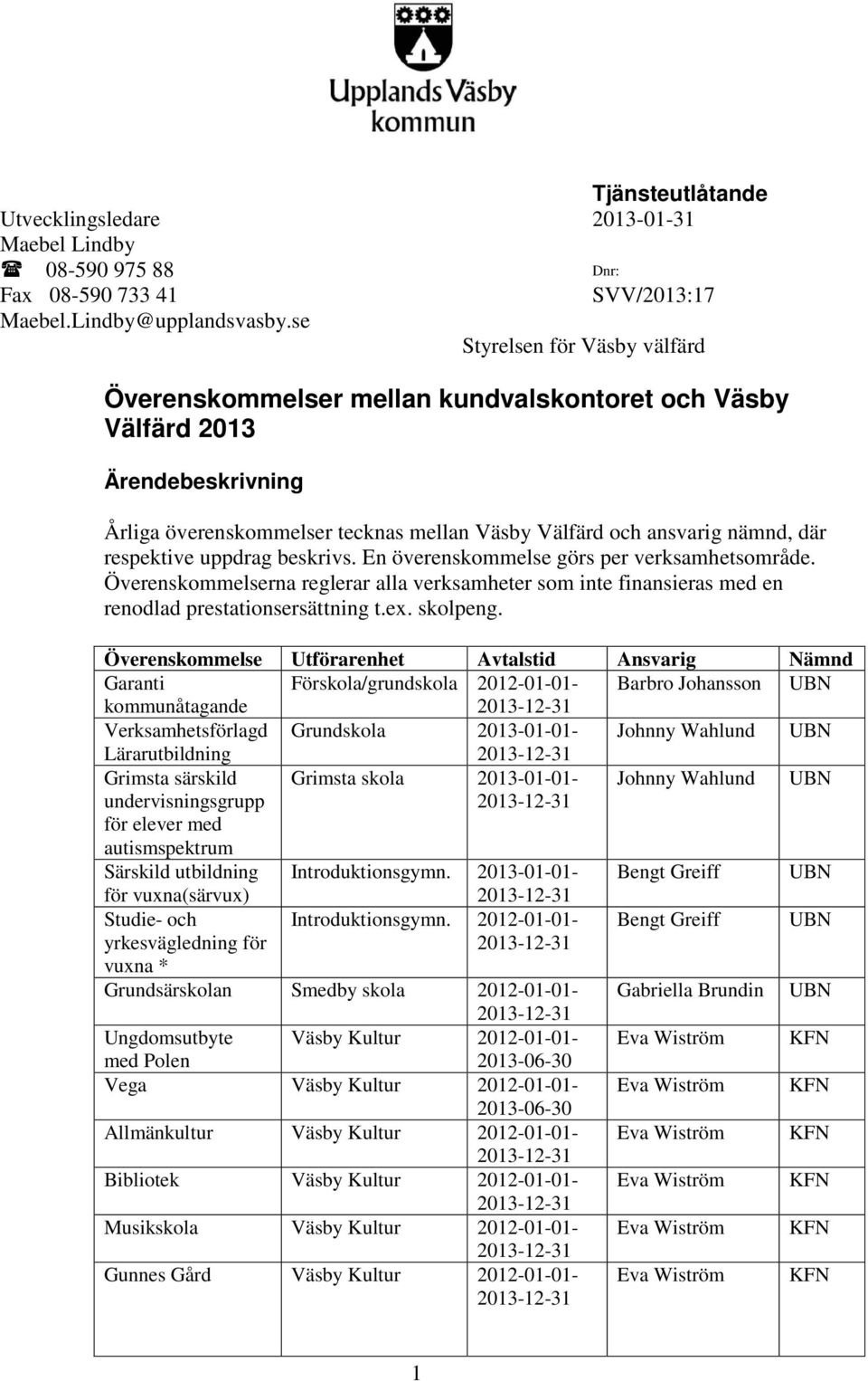 respektive uppdrag beskrivs. En överenskommelse görs per verksamhetsområde. Överenskommelserna reglerar alla verksamheter som inte finansieras med en renodlad prestationsersättning t.ex. skolpeng.