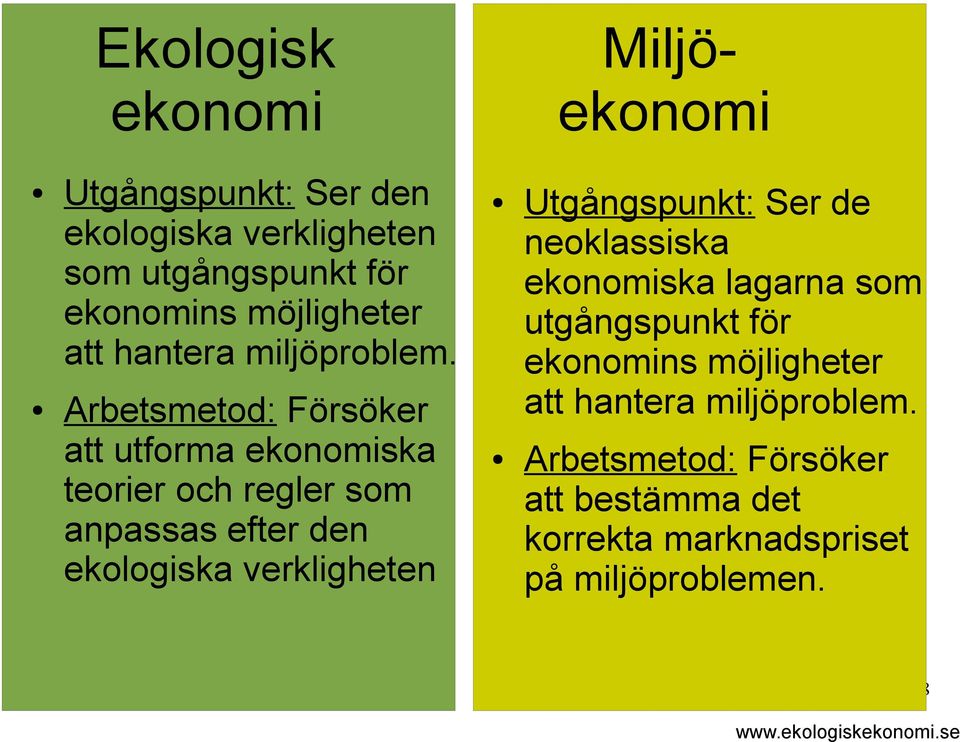 Arbetsmetod: Försöker att utforma ekonomiska teorier och regler som anpassas efter den ekologiska verkligheten