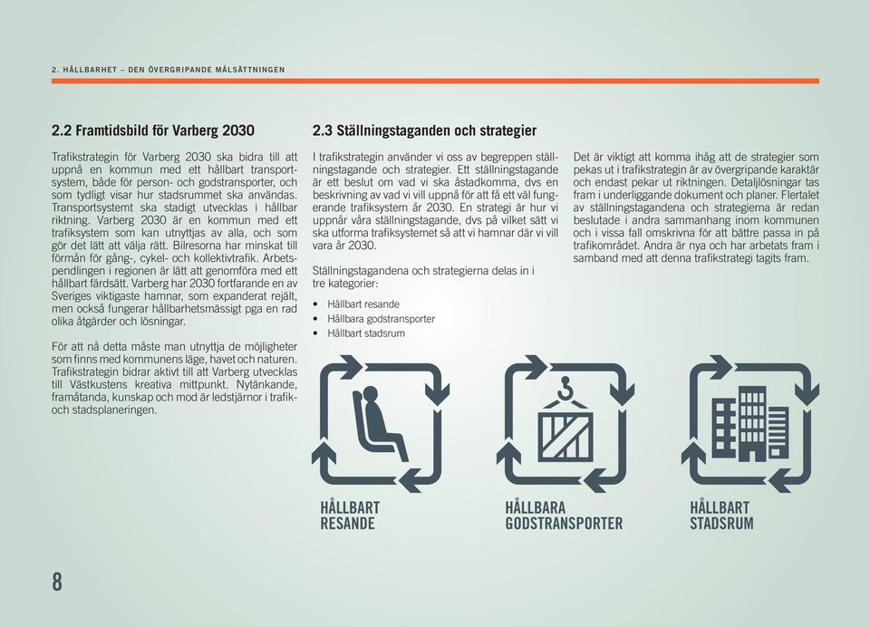 stadsrummet ska användas. Transportsystemt ska stadigt utvecklas i hållbar riktning. Varberg 2030 är en kommun med ett trafiksystem som kan utnyttjas av alla, och som gör det lätt att välja rätt.