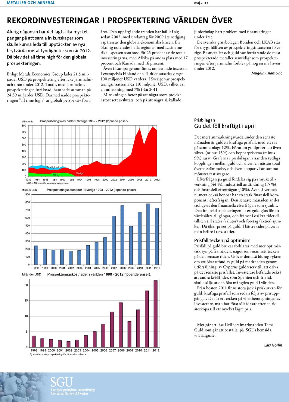 Enligt Metals Economics Group lades 21,5 miljarder USD på prospektering efter icke järnmalmoch uran under 212. Totalt, med järnmalmsprospekteringen inräknad, hamnade summan på 24,39 miljarder USD.