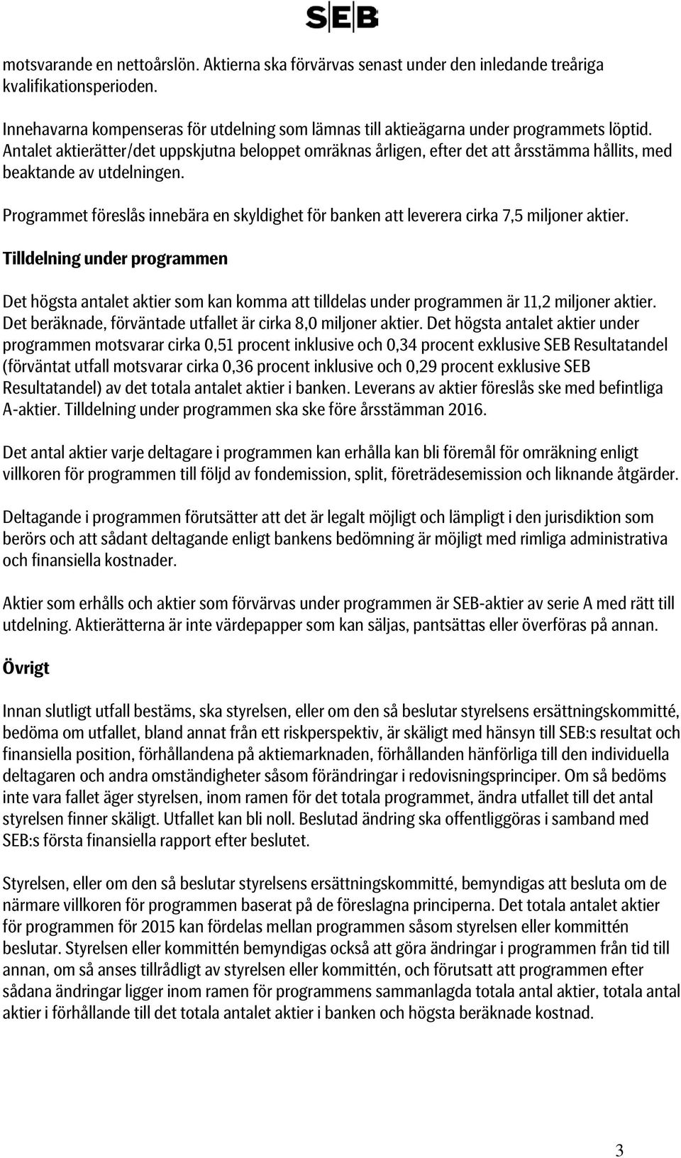 Antalet aktierätter/det uppskjutna beloppet omräknas årligen, efter det att årsstämma hållits, med beaktande av utdelningen.