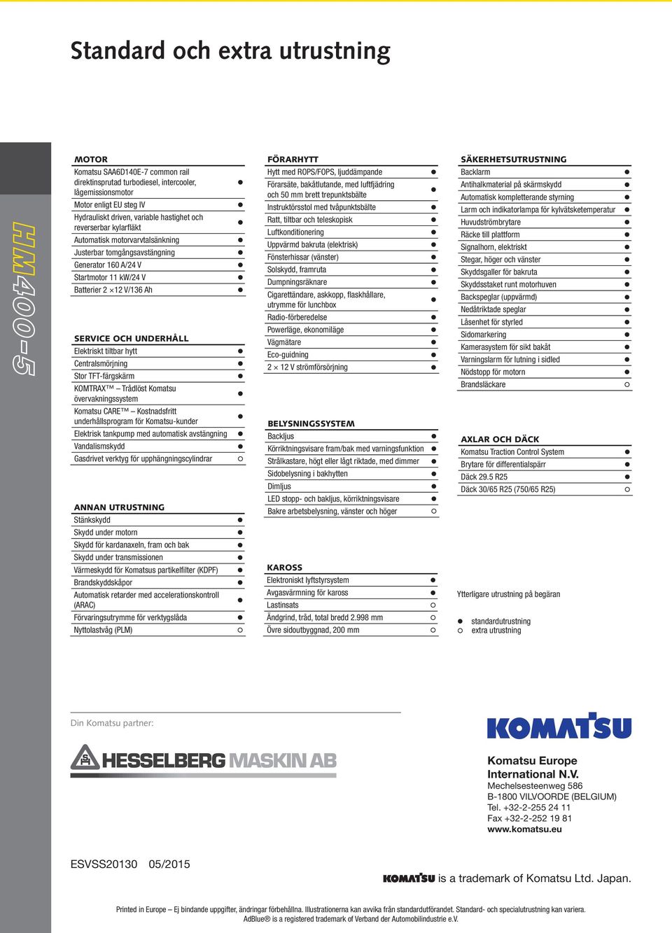 Centralsmörjning Stor TFT-färgskärm KOMTRAX Trådlöst Komatsu övervakningssystem Komatsu CARE Kostnadsfritt underhållsprogram för Komatsu-kunder Elektrisk tankpump med automatisk avstängning