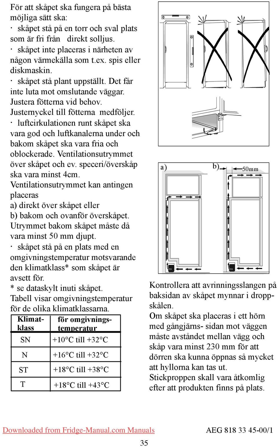 luftcirkulationen runt skåpet ska vara god och luftkanalerna under och bakom skåpet ska vara fria och oblockerade. Ventilationsutrymmet över skåpet och ev. speceri/överskåp ska vara minst 4cm.