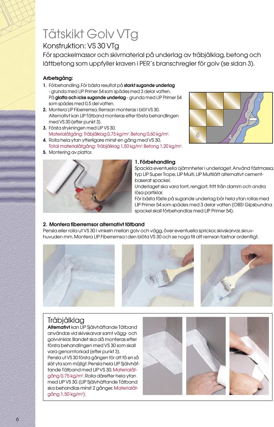 På glatta och icke sugande underlag - grunda med LIP Primer som spädes med 0, del vatten.. Montera LIP Fiberremsa. Remsan monteras i blöt VS 0.
