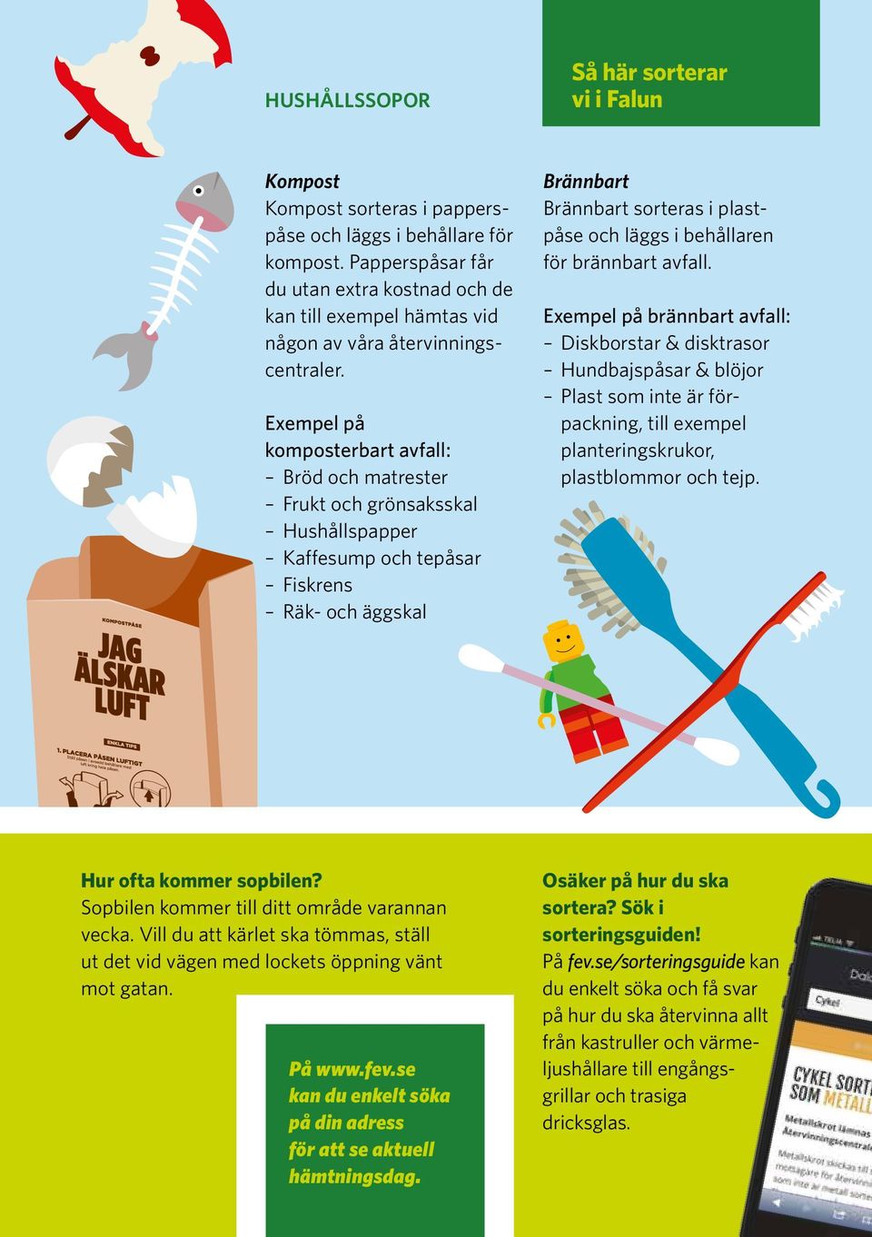 Exempel på komposterbart avfall: Bröd och matrester Frukt och grönsaksskal Hushållspapper Kaffesump och tepåsar Fiskrens Räk- och äggskal Brännbart Brännbart sorteras i plastpåse och läggs i