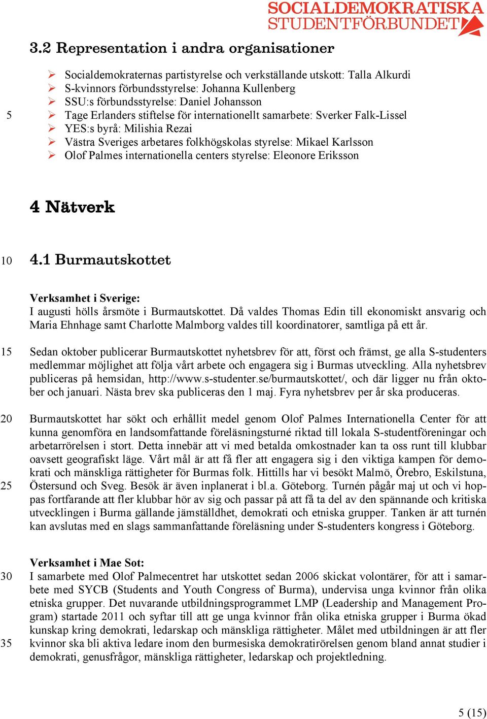 Palmes internationella centers styrelse: Eleonore Eriksson 4 Nätverk 4.1 Burmautskottet Verksamhet i Sverige: I augusti hölls årsmöte i Burmautskottet.