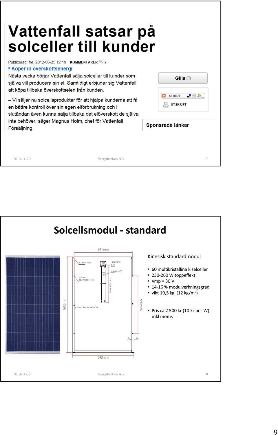 toppeffekt Vmp= 30 V 14-16 % modulverkningsgrad vikt19,5 kg (12