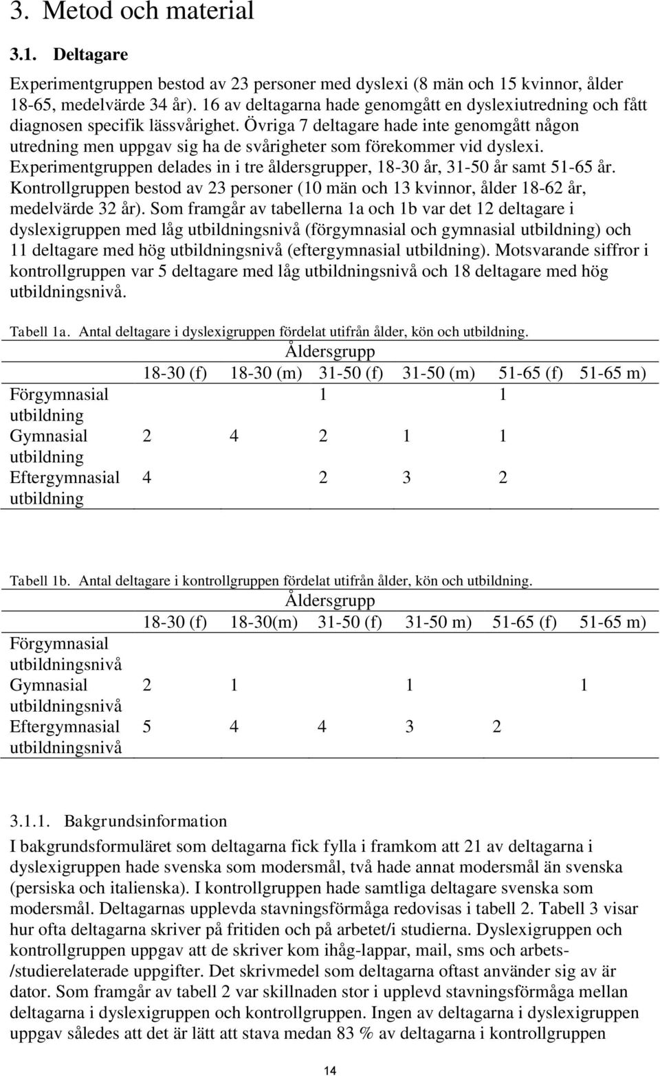 Övriga 7 deltagare hade inte genomgått någon utredning men uppgav sig ha de svårigheter som förekommer vid dyslexi. Experimentgruppen delades in i tre åldersgrupper, 18-30 år, 31-50 år samt 51-65 år.