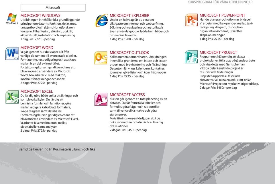 1 dag Pris: 2725: - per dag MICROSOFT WORD Vi går igenom hur du skapar allt från vanliga dokument till avancerade tabeller. Formatering, textredigering och att skapa mallar är en del av innehållet.