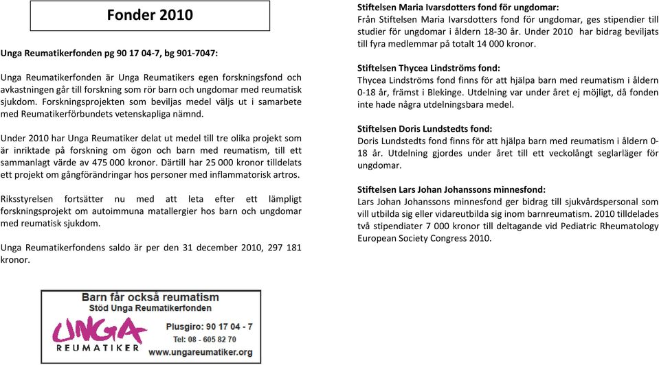 Under 2010 har Unga Reumatiker delat ut medel till tre olika projekt som är inriktade på forskning om ögon och barn med reumatism, till ett sammanlagt värde av 475 000 kronor.