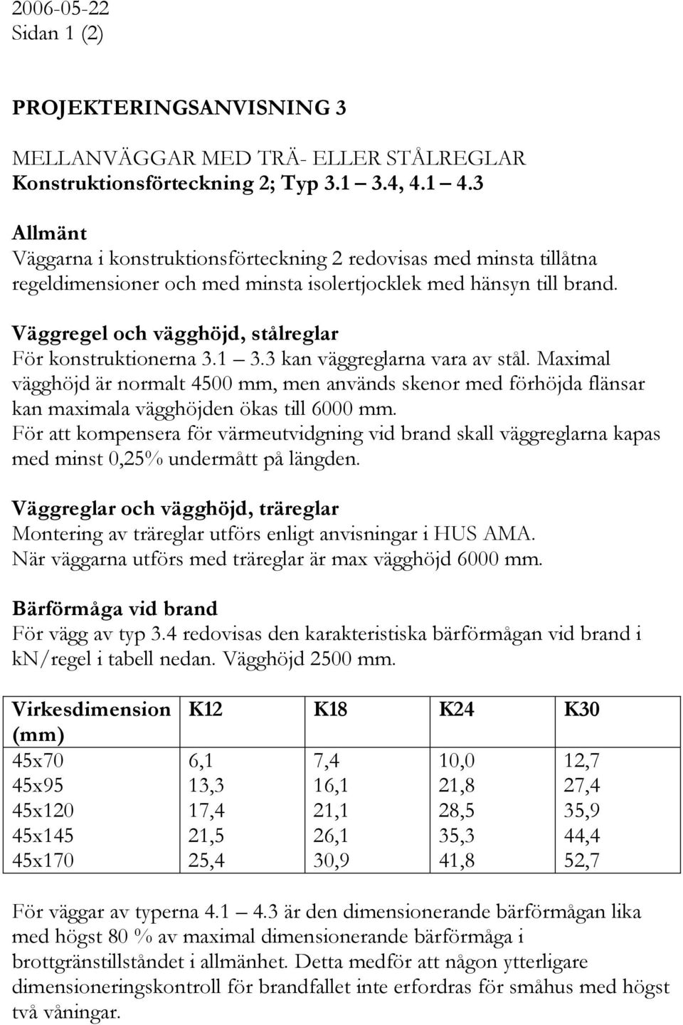 Väggregel och vägghöjd, stålreglar För konstruktionerna 3.1 3.3 kan väggreglarna vara av stål.