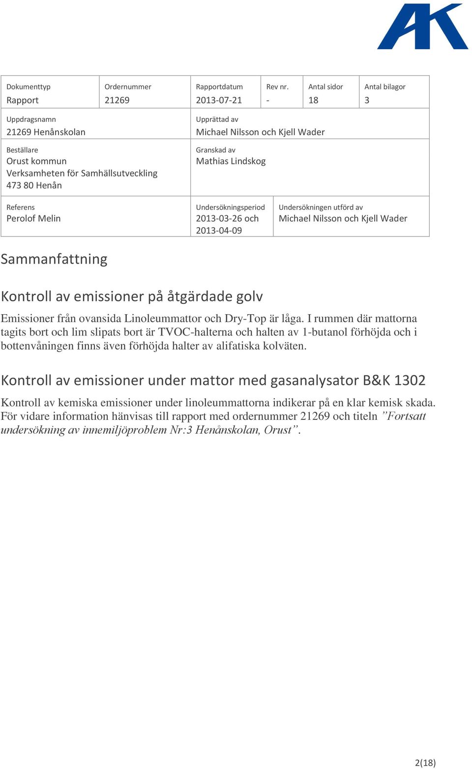 Henån Granskad av Mathias Lindskog Referens Undersökningsperiod Undersökningen utförd av Perolof Melin 2013-03-26 och Michael Nilsson och Kjell Wader 2013-04-09 Sammanfattning Kontroll av emissioner