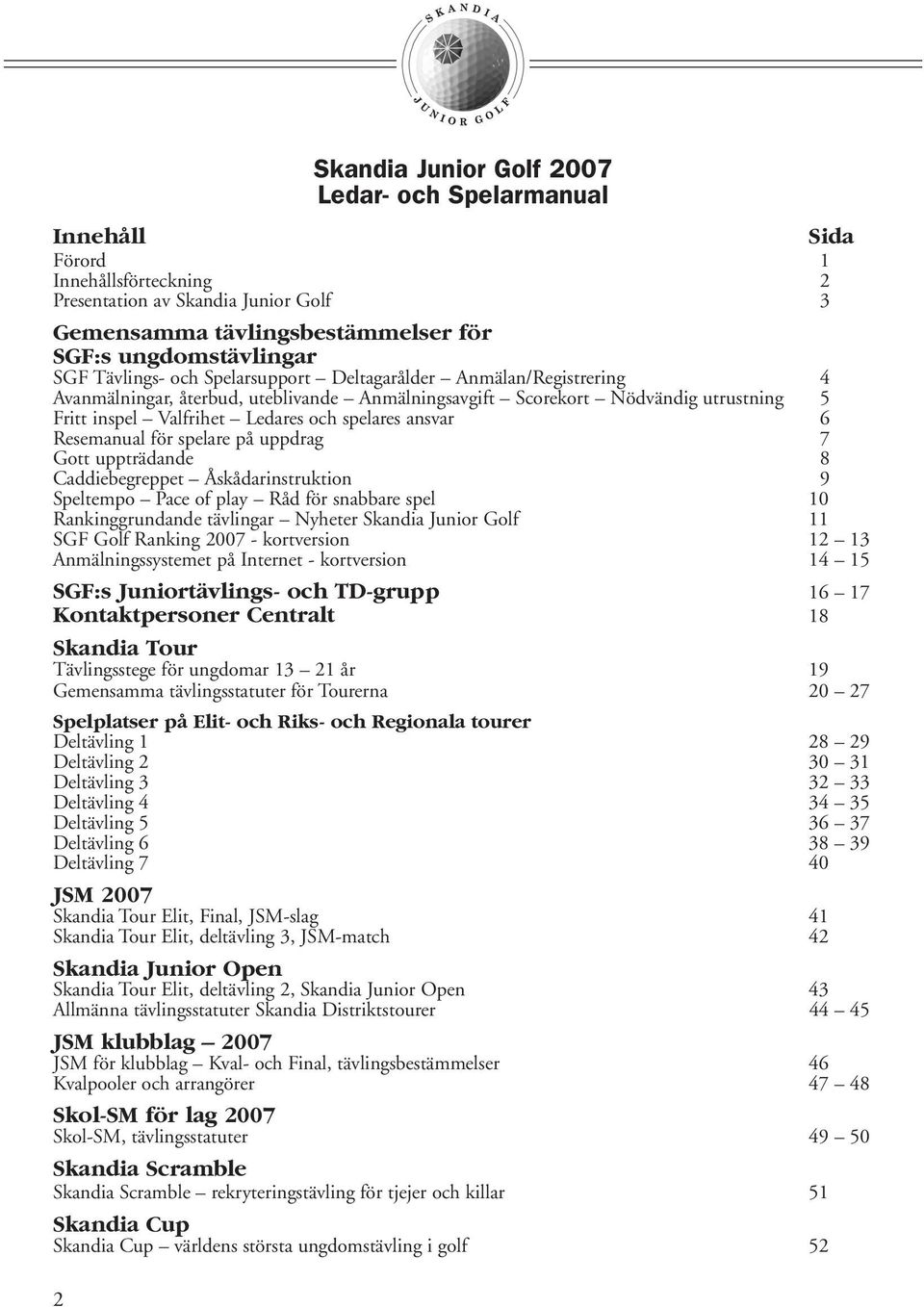 ansvar 6 Resemanual för spelare på uppdrag 7 Gott uppträdande 8 Caddiebegreppet Åskådarinstruktion 9 Speltempo Pace of play Råd för snabbare spel 10 Rankinggrundande tävlingar Nyheter Skandia Junior