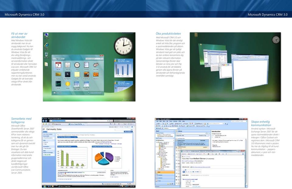 0 erbjuder omfattande rapporteringsfunktioner, men du kan också använda Gadgets för att övervaka viktiga KPI:er direkt från skrivbordet. Öka produktiviteten Med Microsoft CRM 3.