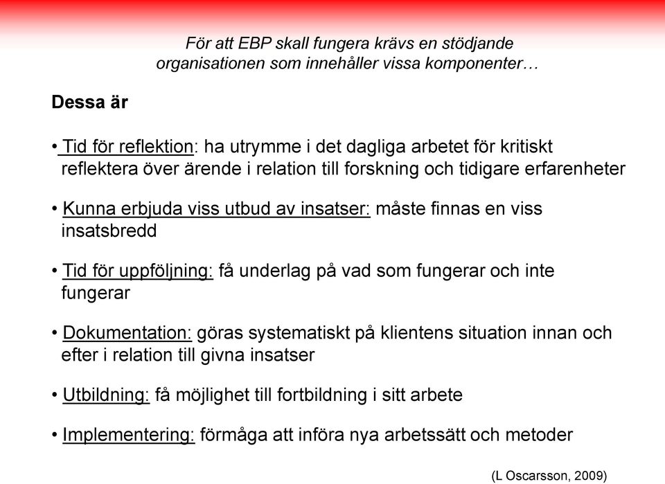 insatsbredd Tid för uppföljning: få underlag på vad som fungerar och inte fungerar Dokumentation: göras systematiskt på klientens situation innan och efter