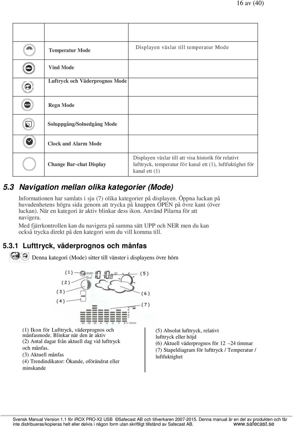 3 Navigation mellan olika kategorier (Mode) Informationen har samlats i sju (7) olika kategorier på displayen.