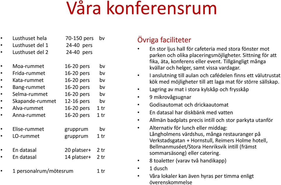 En datasal 14 platser+ 2 tr 1 personalrum/mötesrum 1 tr Övriga faciliteter En stor ljus hall för cafeteria med stora fönster mot parken och olika placeringsmöjligheter.