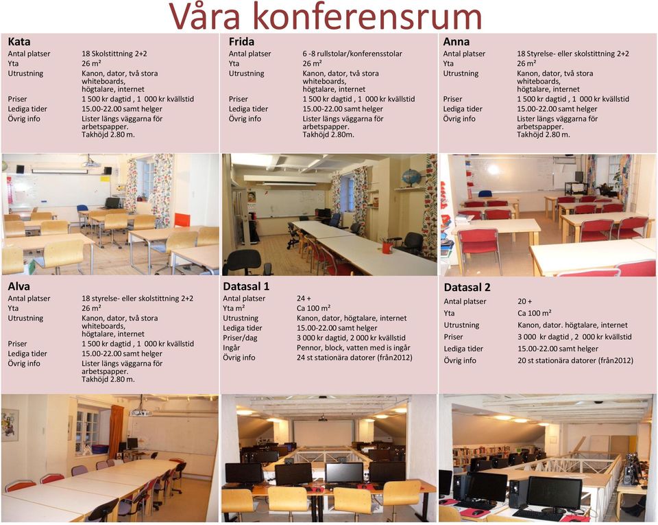 Alva Antal platser 18 styrelse- eller skolstittning 2+2 Datasal 1 Antal platser 24 + Yta m² Ca 100 m² Kanon, dator, /dag 3
