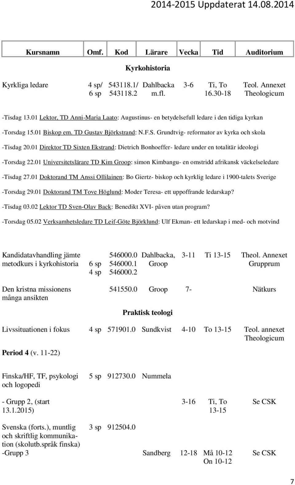 01 Direktor TD Sixten Ekstrand: Dietrich Bonhoeffer- ledare under en totalitär ideologi -Torsdag 22.01 Universitetslärare TD Kim : simon Kimbangu- en omstridd afrikansk väckelseledare -Tisdag 27.