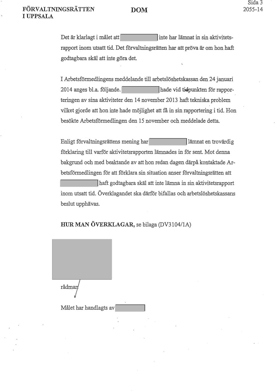 hade vid lliipunkten för rapporteringen av sina aktiviteter den 14 november 2013 haft tekniska problem vilket gjorde att hon inte hade möjlighet att få in sin rapportering i tid.