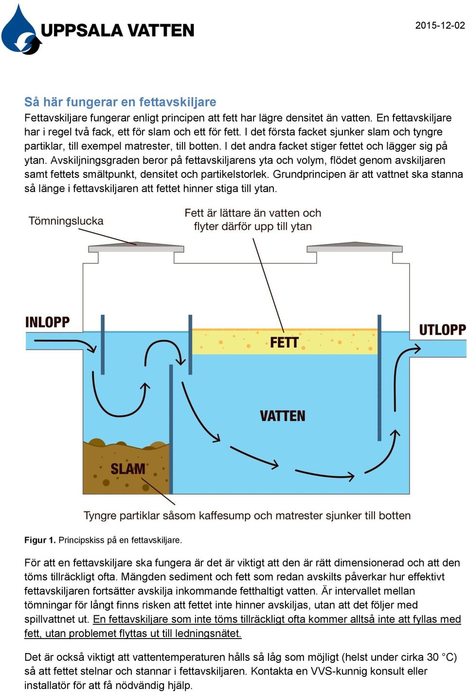 Avskiljningsgraden beror på fettavskiljarens yta och volym, flödet genom avskiljaren samt fettets smältpunkt, densitet och partikelstorlek.