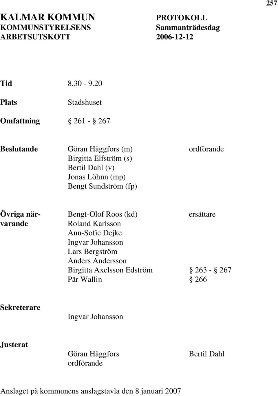 Sundström (fp) Övriga när- Bengt-Olof Roos (kd) ersättare varande Roland Karlsson Ann-Sofie Dejke Ingvar Johansson Lars Bergström Anders