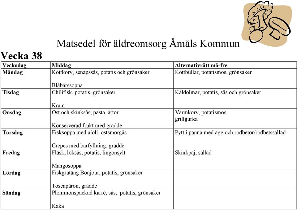 bärfyllning, grädde Fläsk, löksås, potatis, lingonsylt Mangosoppa Fiskgratäng Bonjour, potatis, grönsaker Toscapäron, grädde Plommonspäckad karré,