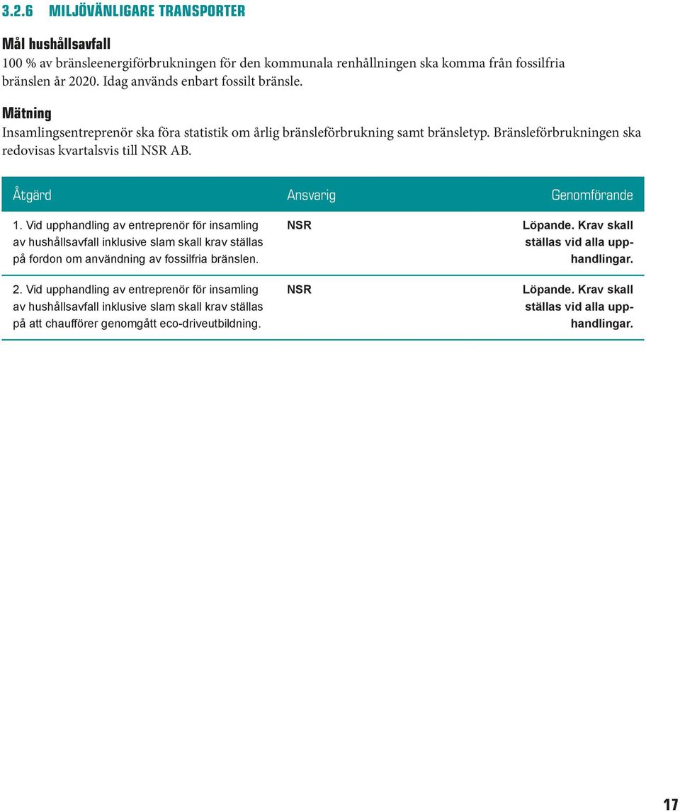Åtgärd Ansvarig Genomförande 1. Vid upphandling av entreprenör för insamling av hushållsavfall inklusive slam skall krav ställas på fordon om användning av fossilfria bränslen. 2.