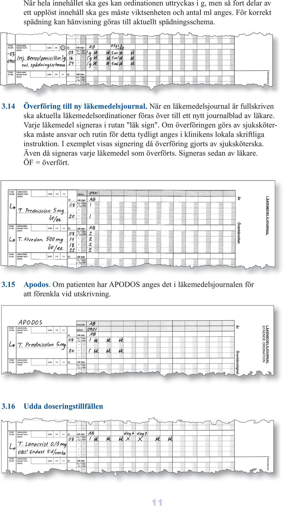 När en läkemedelsjournal är fullskriven ska aktuella läkemedelsordinationer föras över till ett nytt journalblad av läkare. Varje läkemedel signeras i rutan "läk sign".