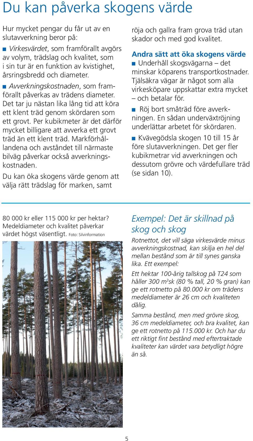 Per kubikmeter är det därför mycket billigare att avverka ett grovt träd än ett klent träd. Markförhållandena och avståndet till närmaste bilväg påverkar också avverkningskostnaden.