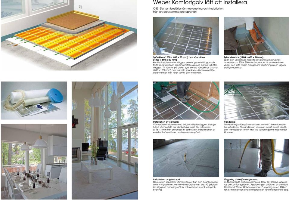 Till vänster på bilden syns en rad vändskivor (skurna i 300 x 1200 mm) och två hela spårskivor. Alumi niumet fördelar värmen från rören jämnt över hela ytan.