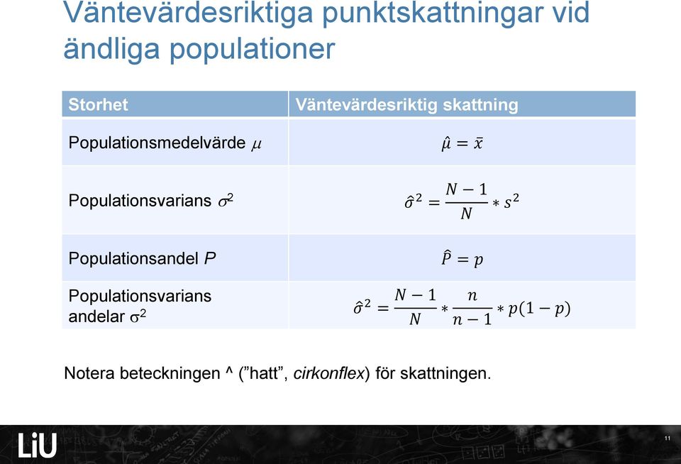 Populatiosvarias 2 σ 2 = 1 s2 Populatiosadel P P = p