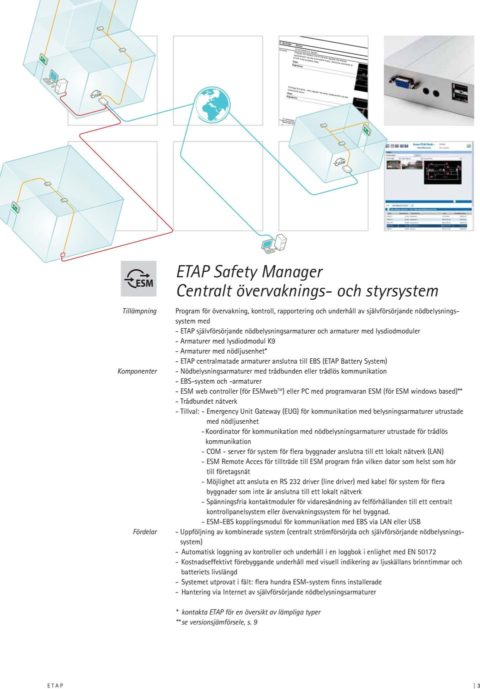 Date: r Change the lamp - and register the lamp replacement via the Date: Send the luminaire to E D t Tillämpning Komponenter Fördelar ETAP Safety Manager Centralt övervaknings- och styrsystem