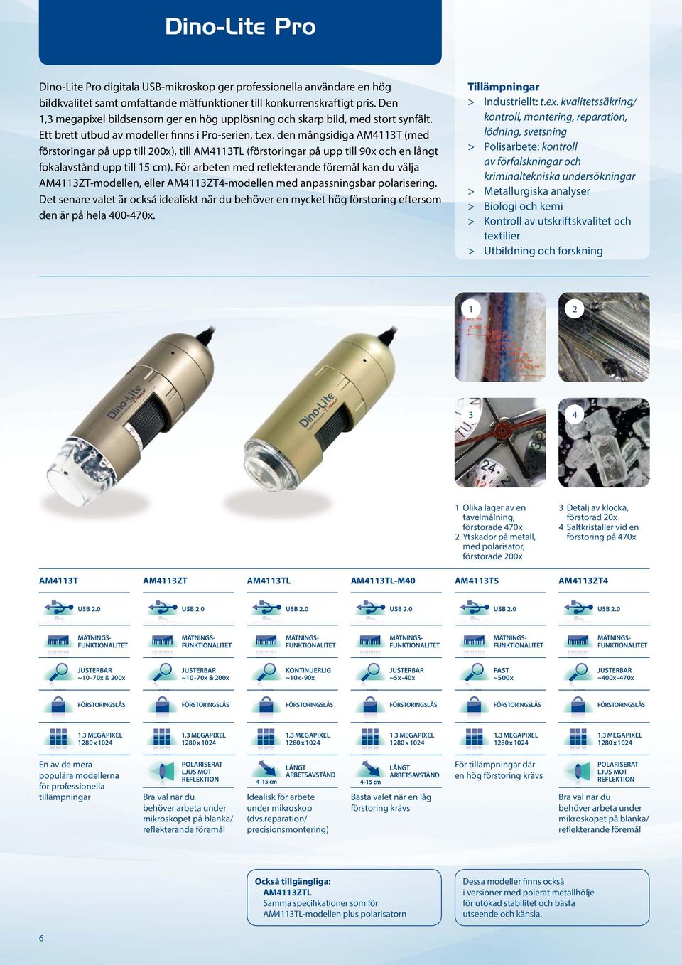 den mångsidiga AM4113T (med förstoringar på upp till 200x), till AM4113TL (förstoringar på upp till 90x och en långt fokalavstånd upp till 15 cm).
