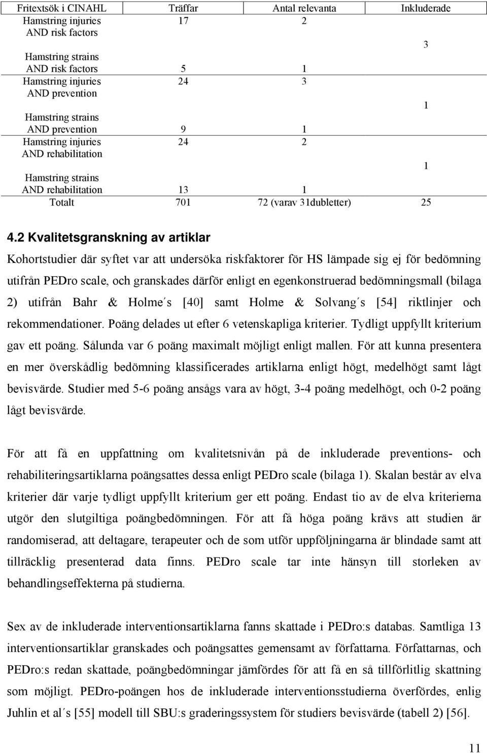 2 Kvalitetsgranskning av artiklar Kohortstudier där syftet var att undersöka riskfaktorer för HS lämpade sig ej för bedömning utifrån PEDro scale, och granskades därför enligt en egenkonstruerad